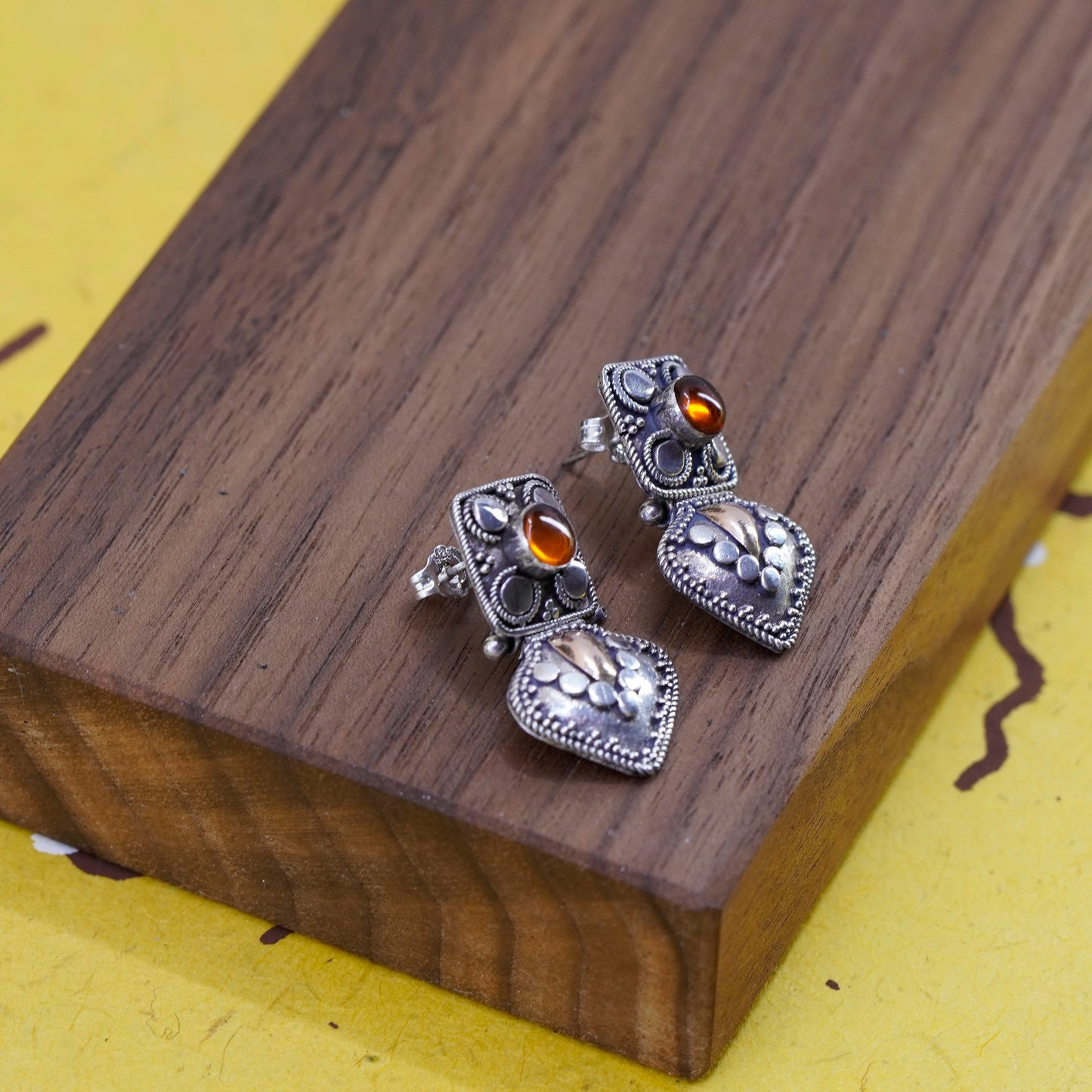 Vintage two tone Sterling 925 silver handmade earrings with amber Bali Beads