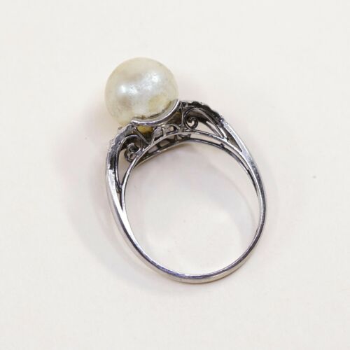 Sz 6.25, Vtg Sterling Silver Handmade Ring w/ Golden Faux Pearl, Stamped 925