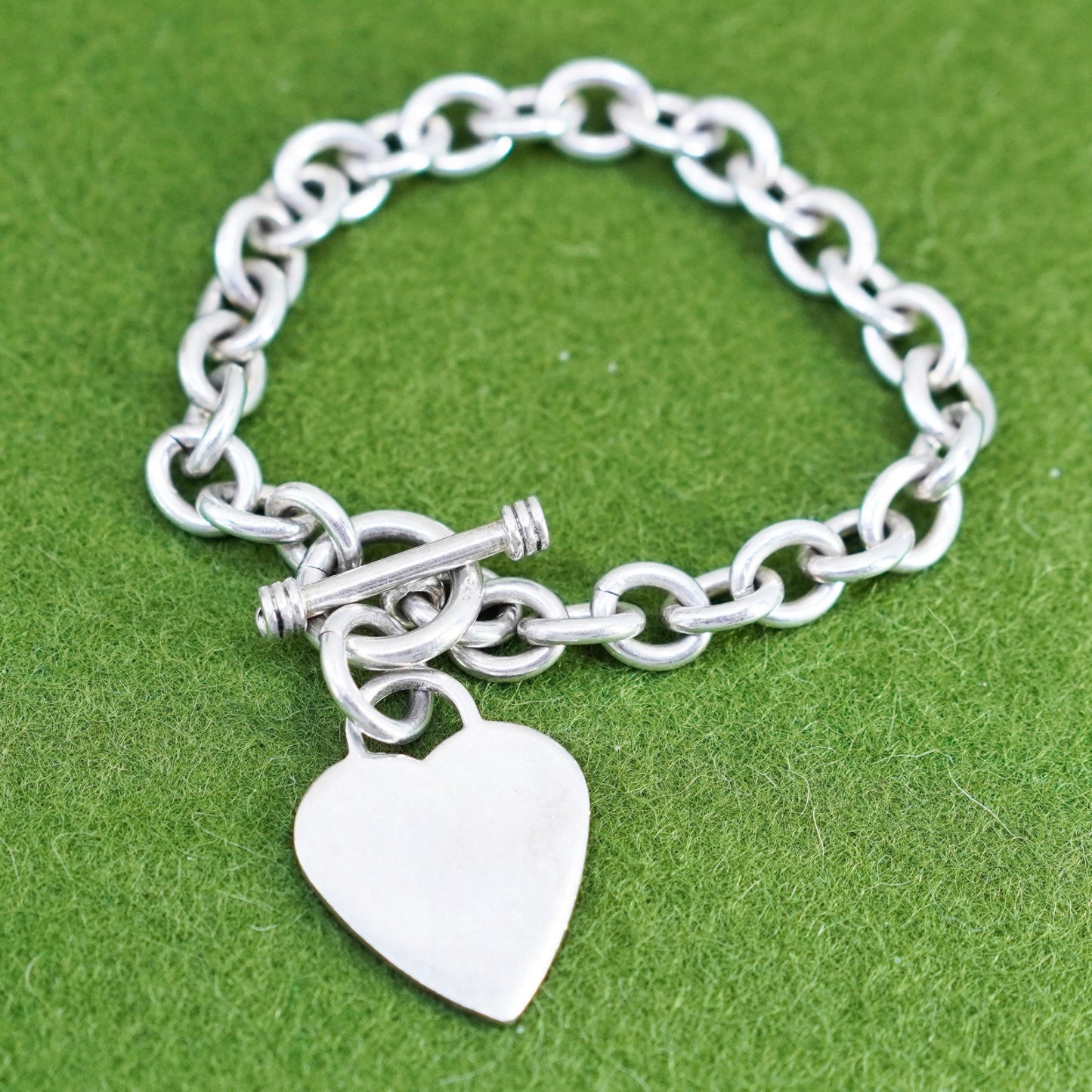 6”, Vintage sterling silver circle link bracelet, bold 925 chain w/ heart charm