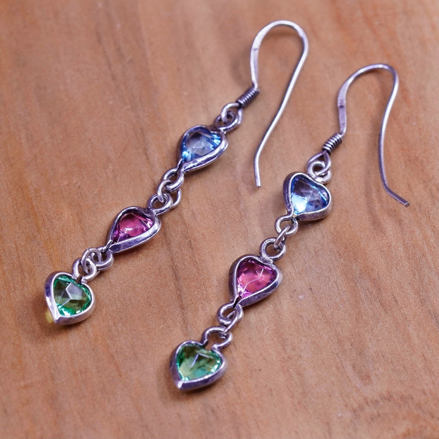 Vintage Sterling silver handmade earrings, 925 heart cz drops