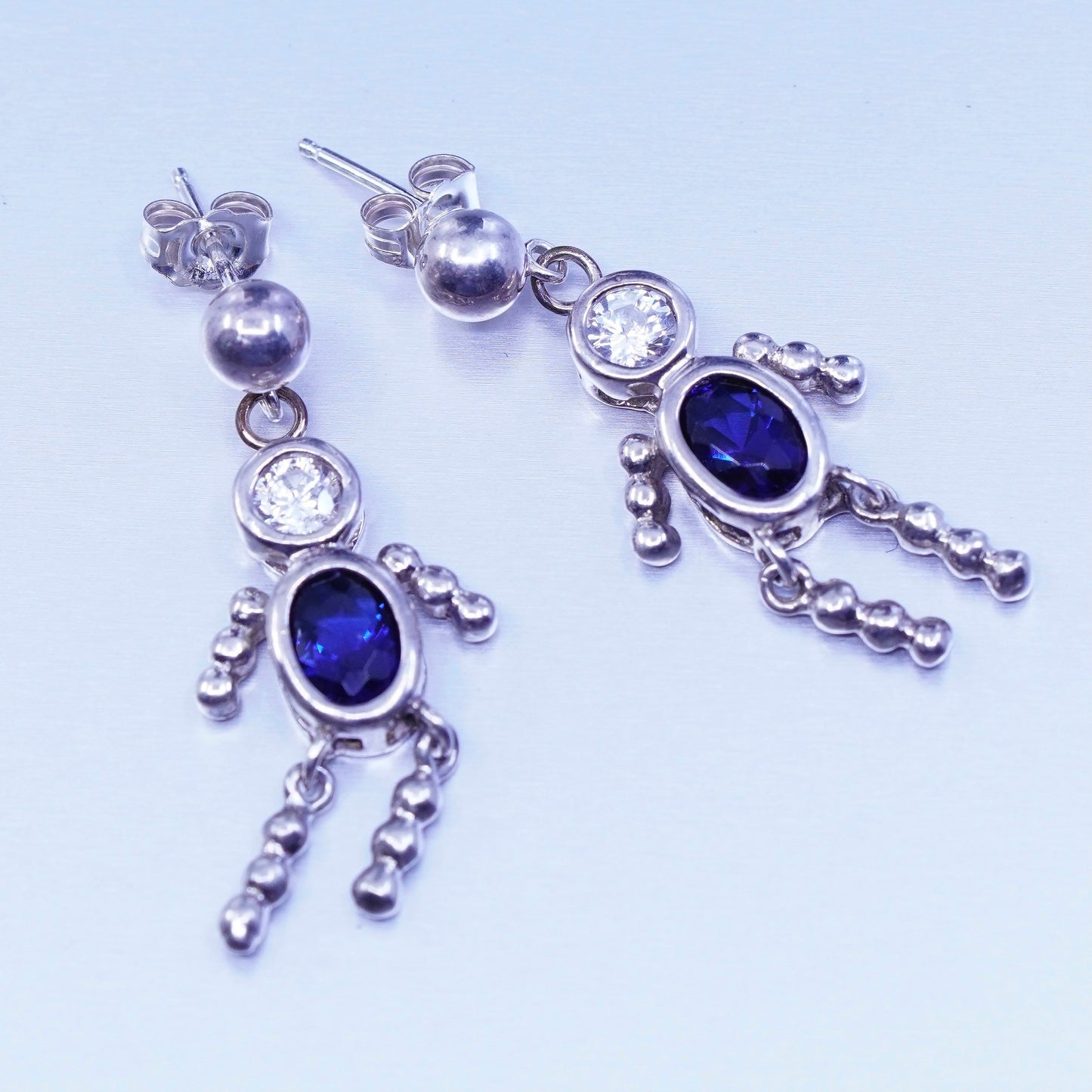 Vintage Sterling 925 silver handmade boy figures earrings with sapphire