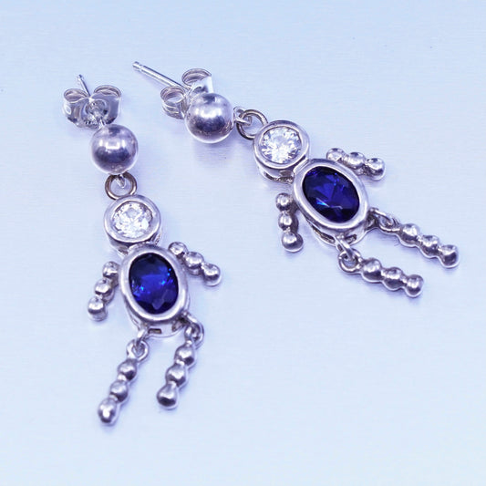 Vintage Sterling 925 silver handmade boy figures earrings with sapphire