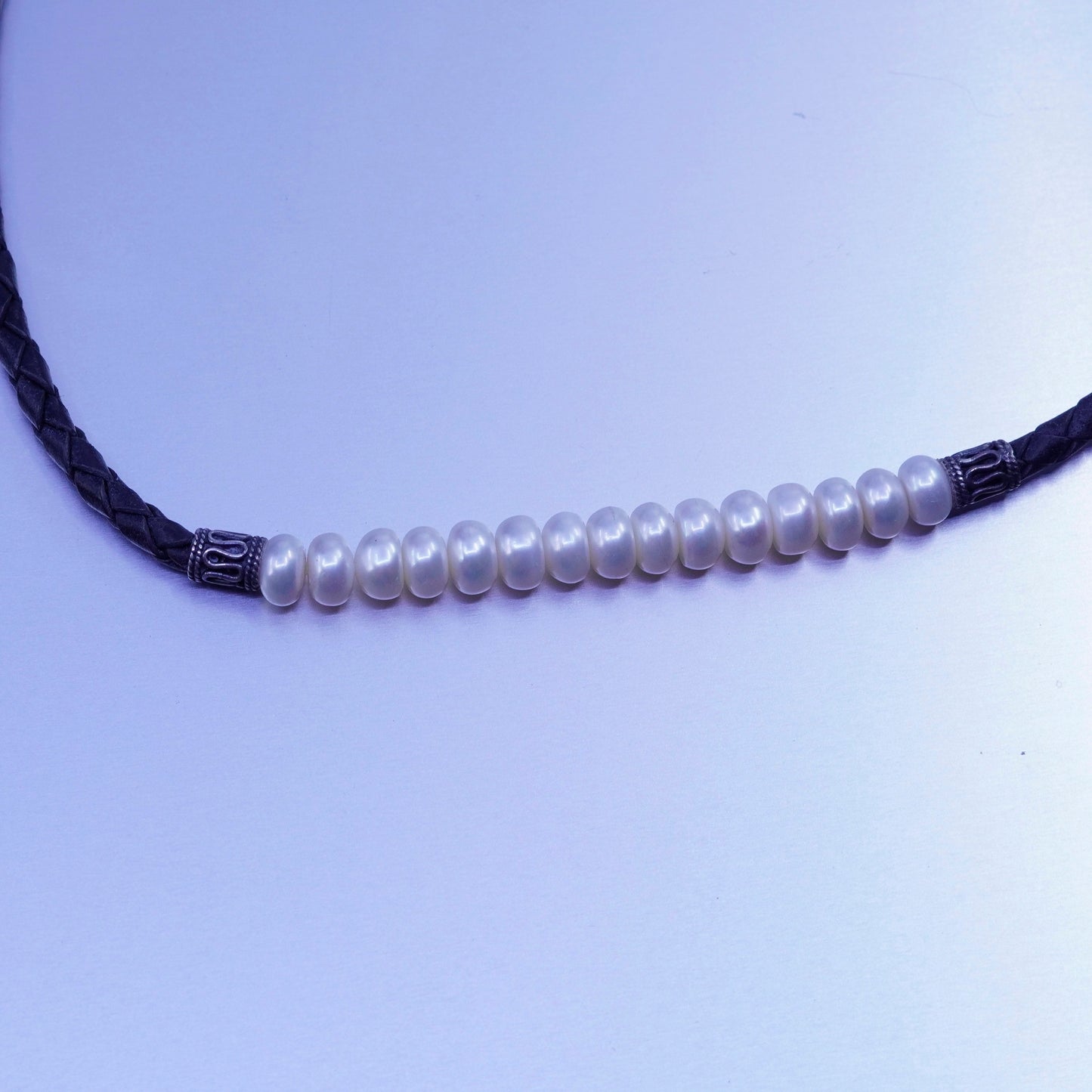 16+2”, freshwater pearl necklace Sterling 925 silver clasp braided leather core