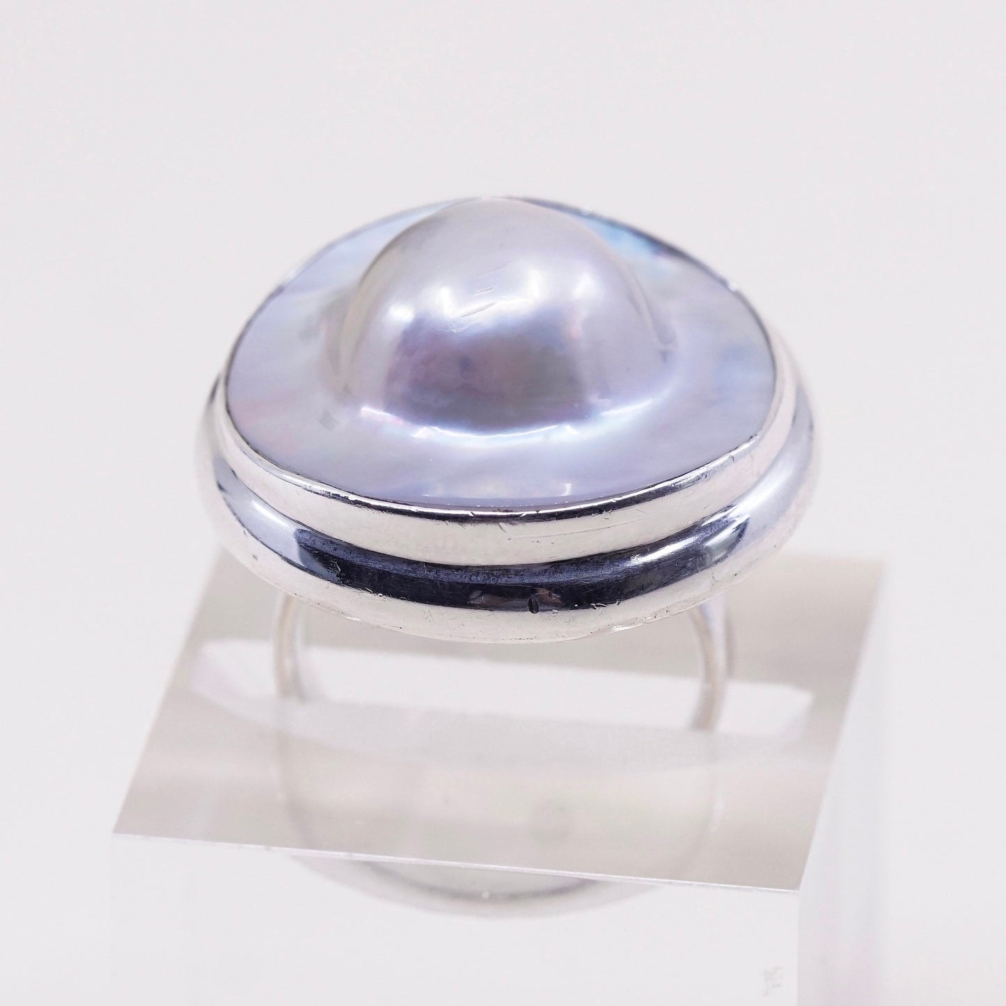 sz 7, vtg SLJ Sterling silver handmade ring, modern 925 band w/ bluster pearl