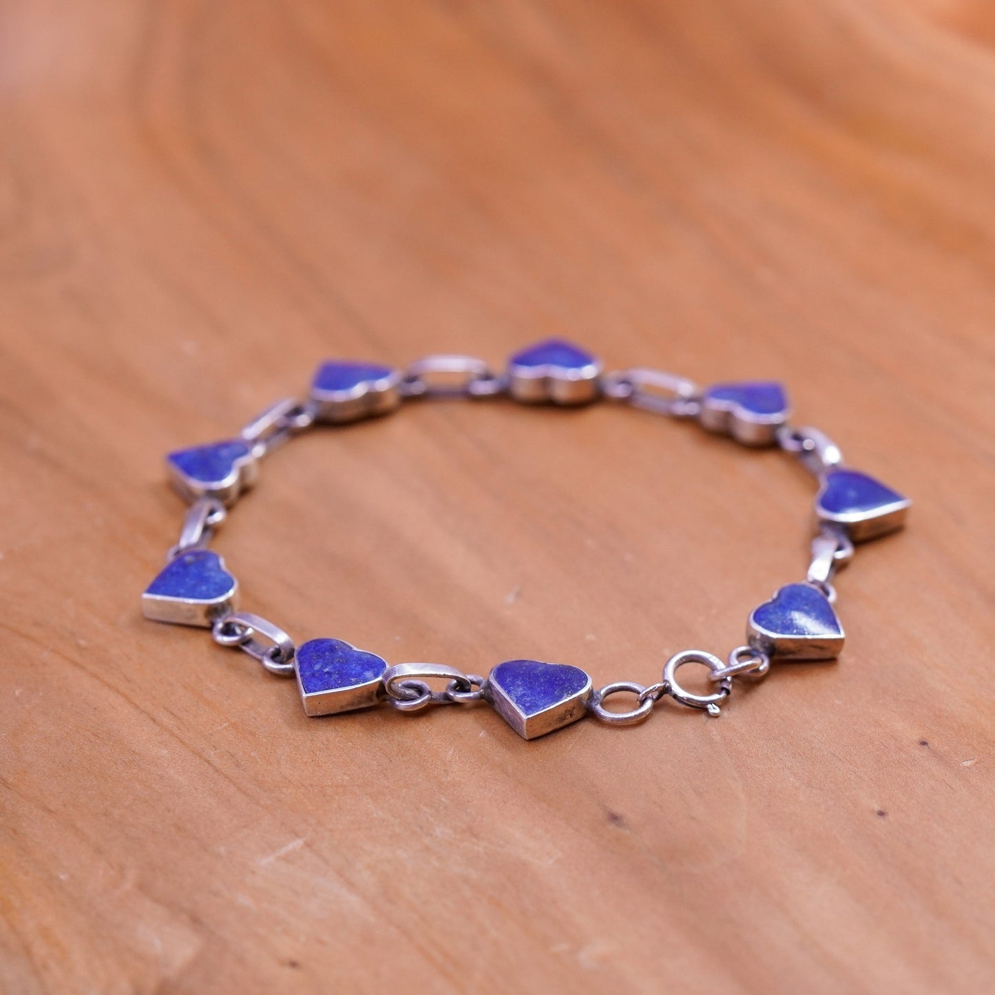 7.25”, vintage Sterling silver handmade bracelet, 970 chain lapis lazuli heart