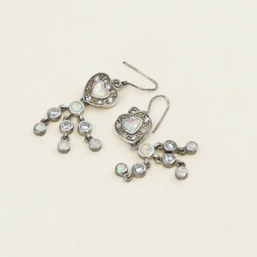 Sterling Silver Handmade Earrings, 925 Silver Heart W/ Opal & Marcasite
