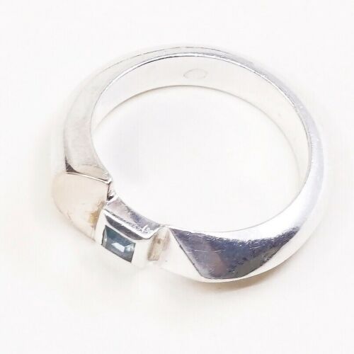 Sz 7.5, Vtg ECL Modern Sterling Silver Cocktail Ring, 925 W/ Blue topaz