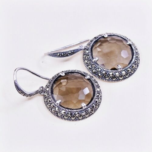 Vtg lavish by tjm Sterling 925 silver earrings Drops W/ Smoky Topaz Marcasite
