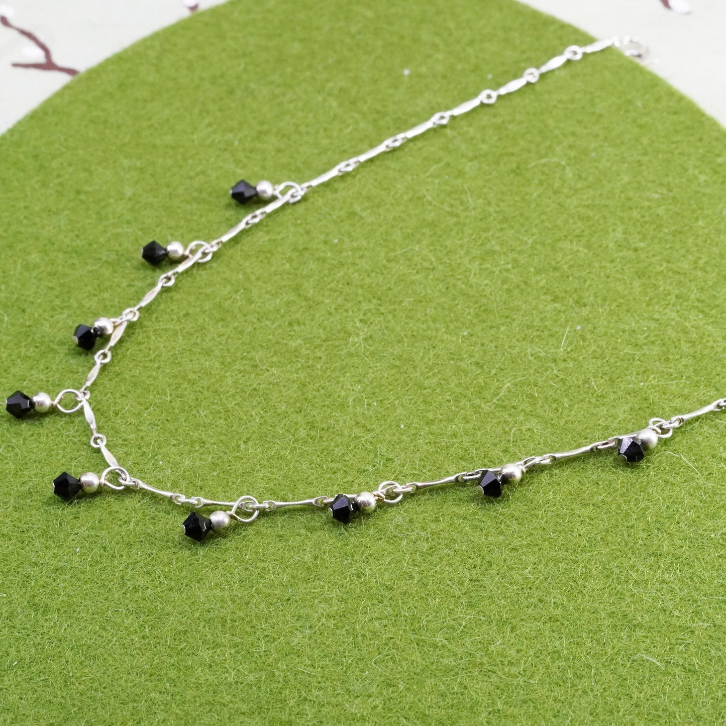 16”, Sterling silver handmade necklace, 925 bone link chain with obsidian beads