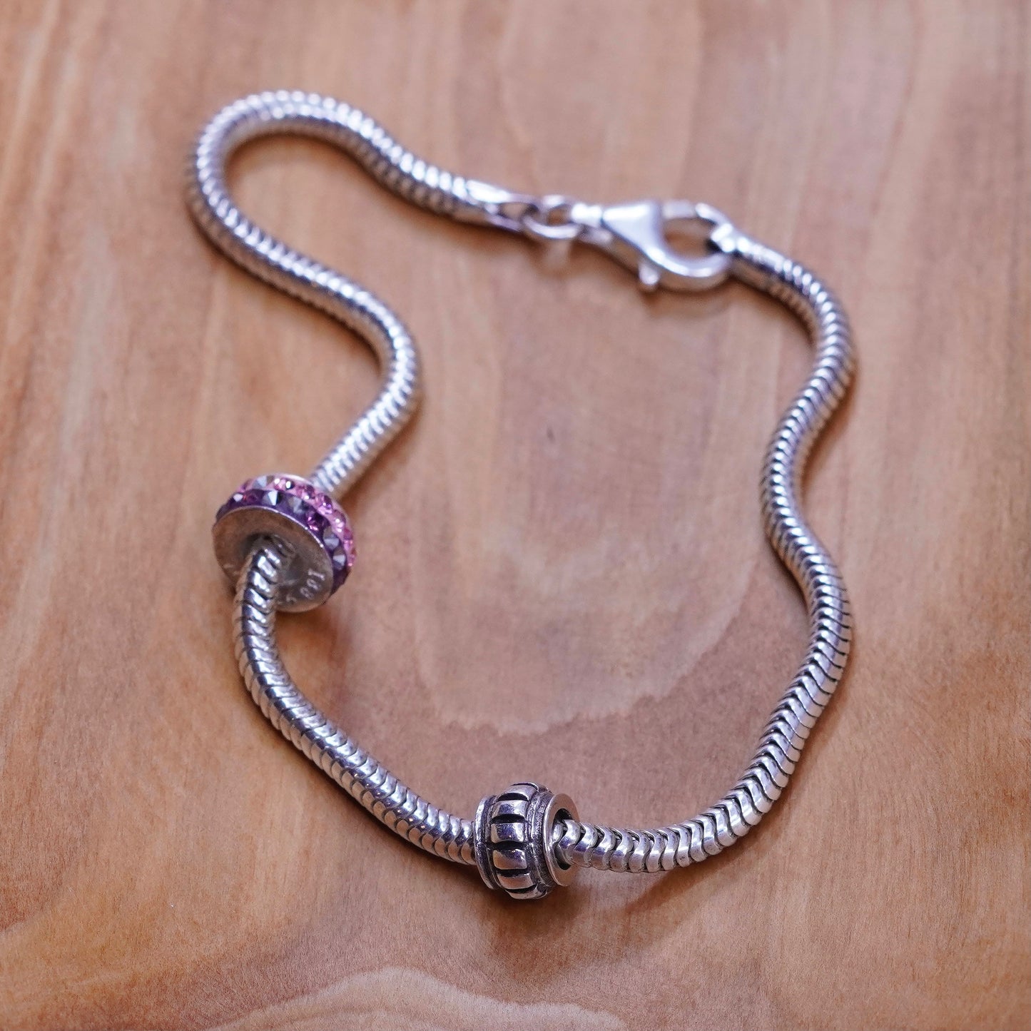8.25”, sterling silver bracelet, 925 snake chain cluster crustal bead charms