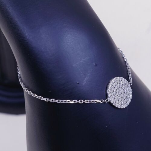7.25” Vtg Sterling Silver Handmade Bracelet, 925 Circle W/ Cluster Cz Charm