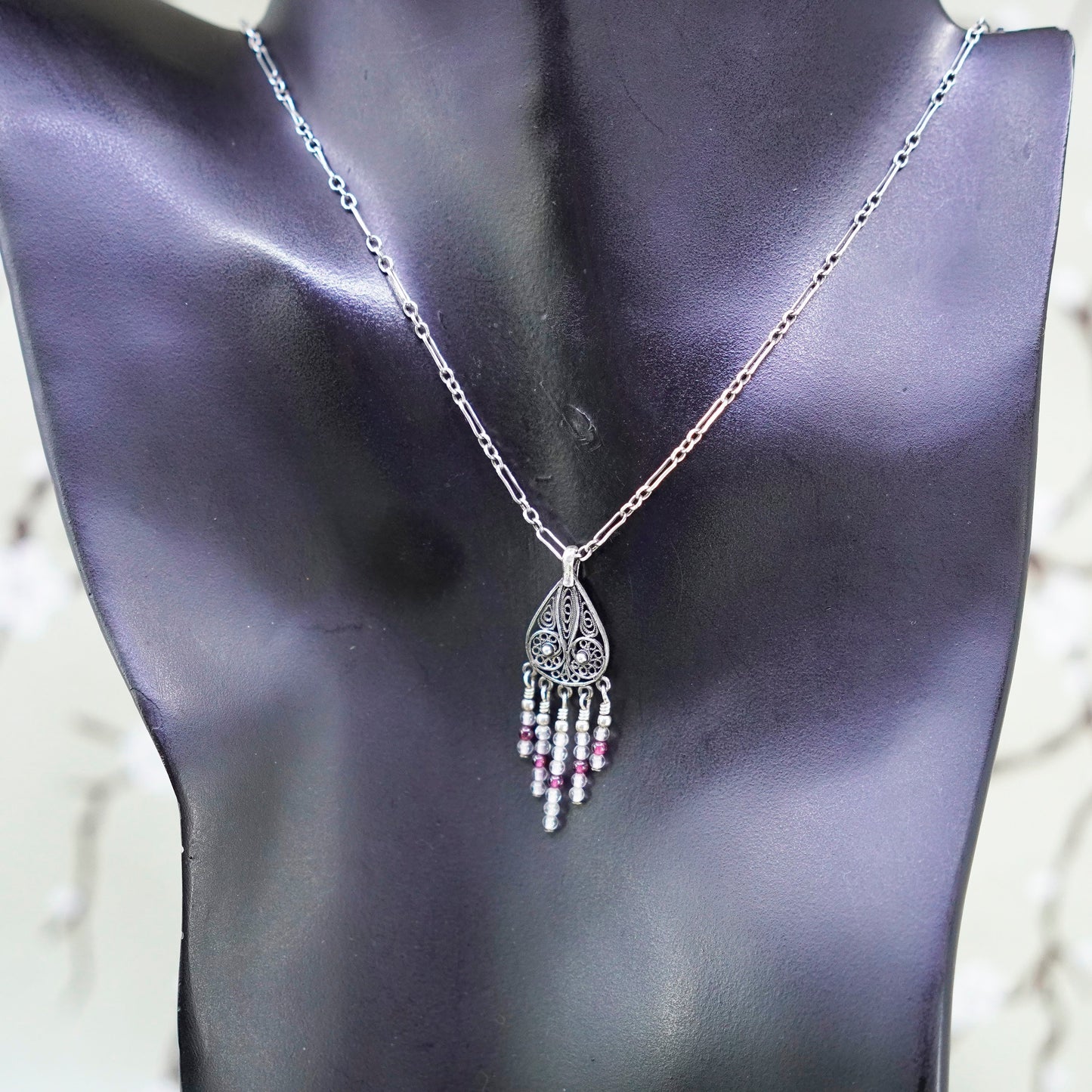 16”, 925 sterling silver elongated chain with filigree teardrop pendant beads