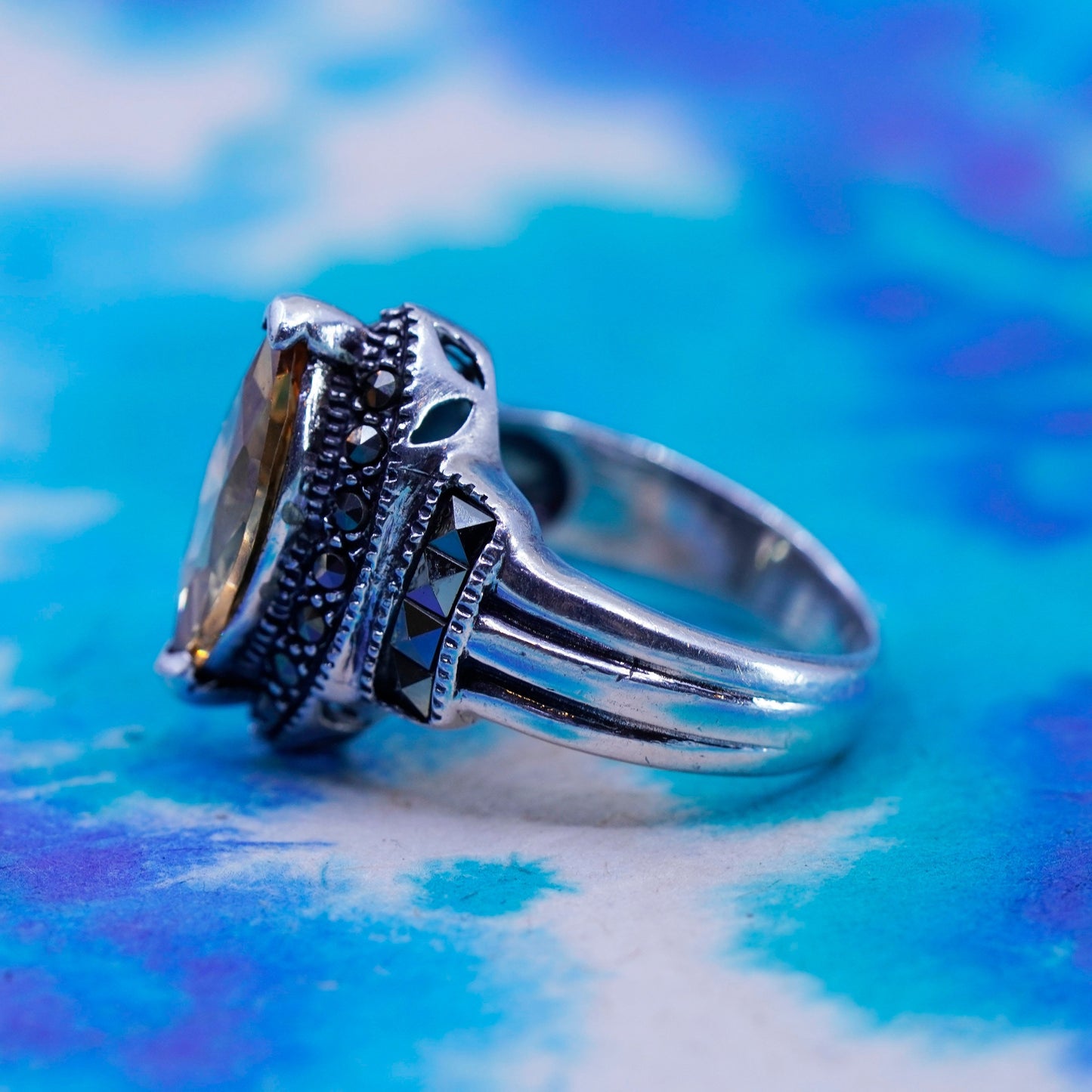 Size 6, 925 Sterling 925 Silver citrine cocktail Ring citrine Marcasite