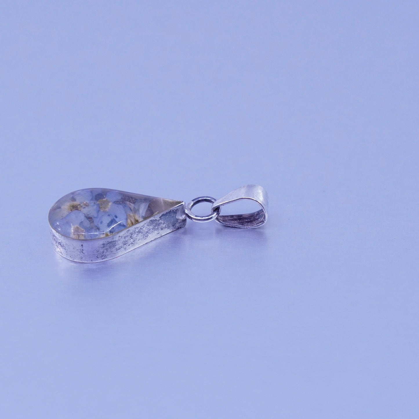 antique sterling 925 silver resin pendant with blue resin flower