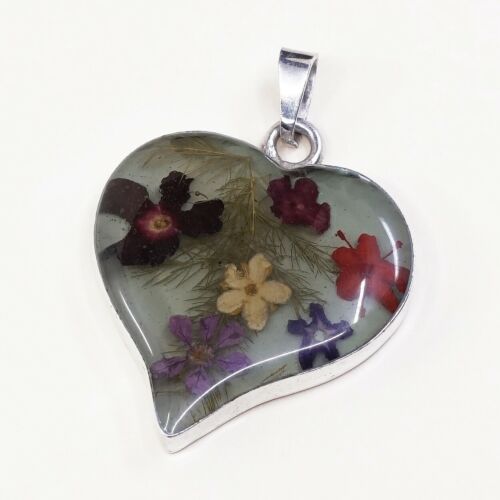 Vintage Sterling Silver Handmade Pendant, 925 Silver Heart With Resin Flower