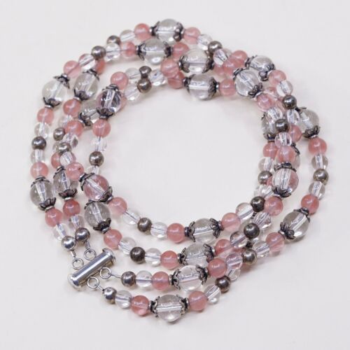 18”, Vtg Double Strands 925 Sterling Silver Pink Rose Quartz W/ Crystal Beads