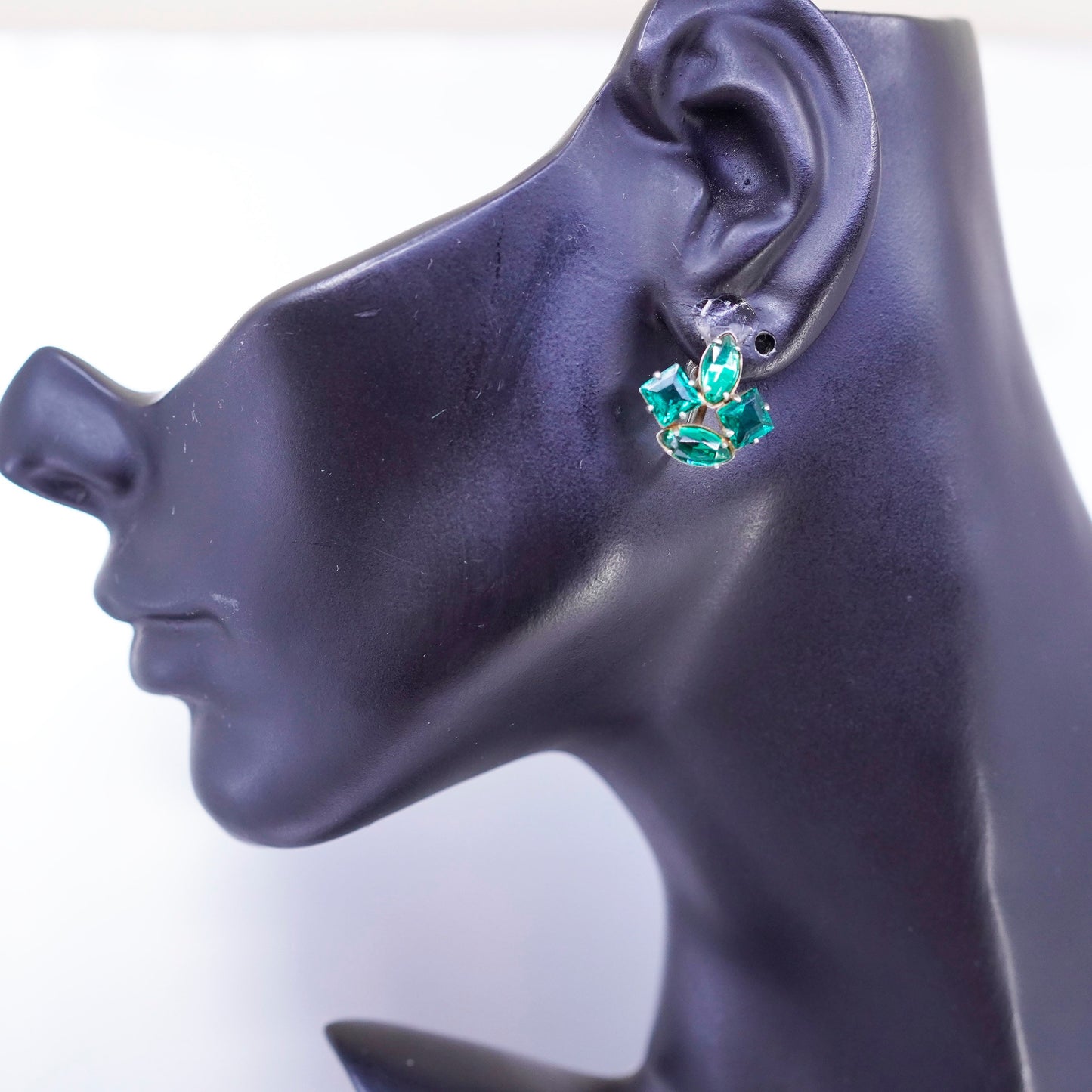 Sterling 925 silver earrings, screw back flower with cluster green rhinestone
