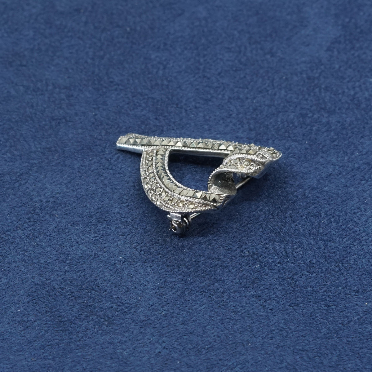 vtg sterling silver handmade brooch, solid oxidized 925 heart pin marcasite