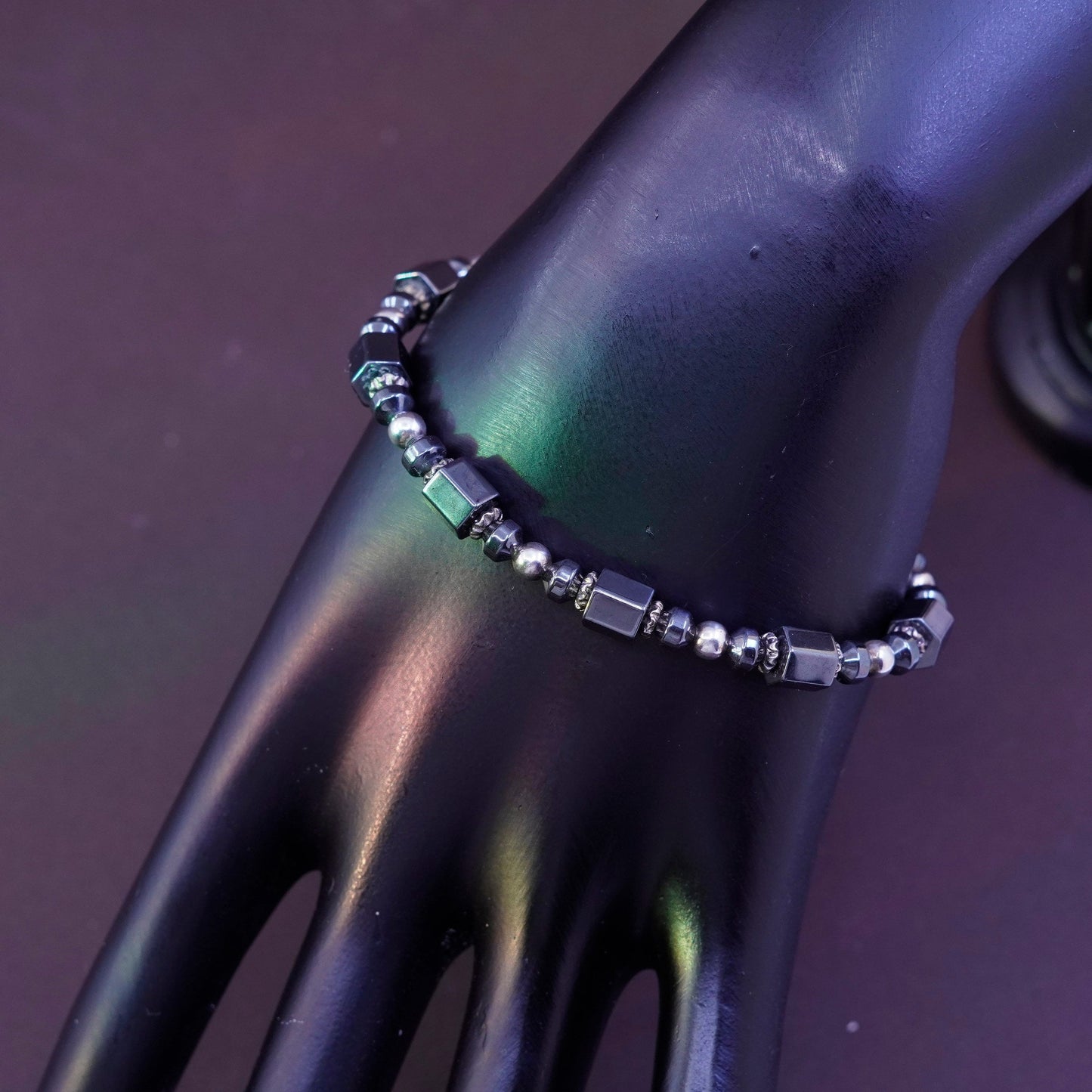 7” Vintage sterling 925 silver handmade bracelet with hematite beads