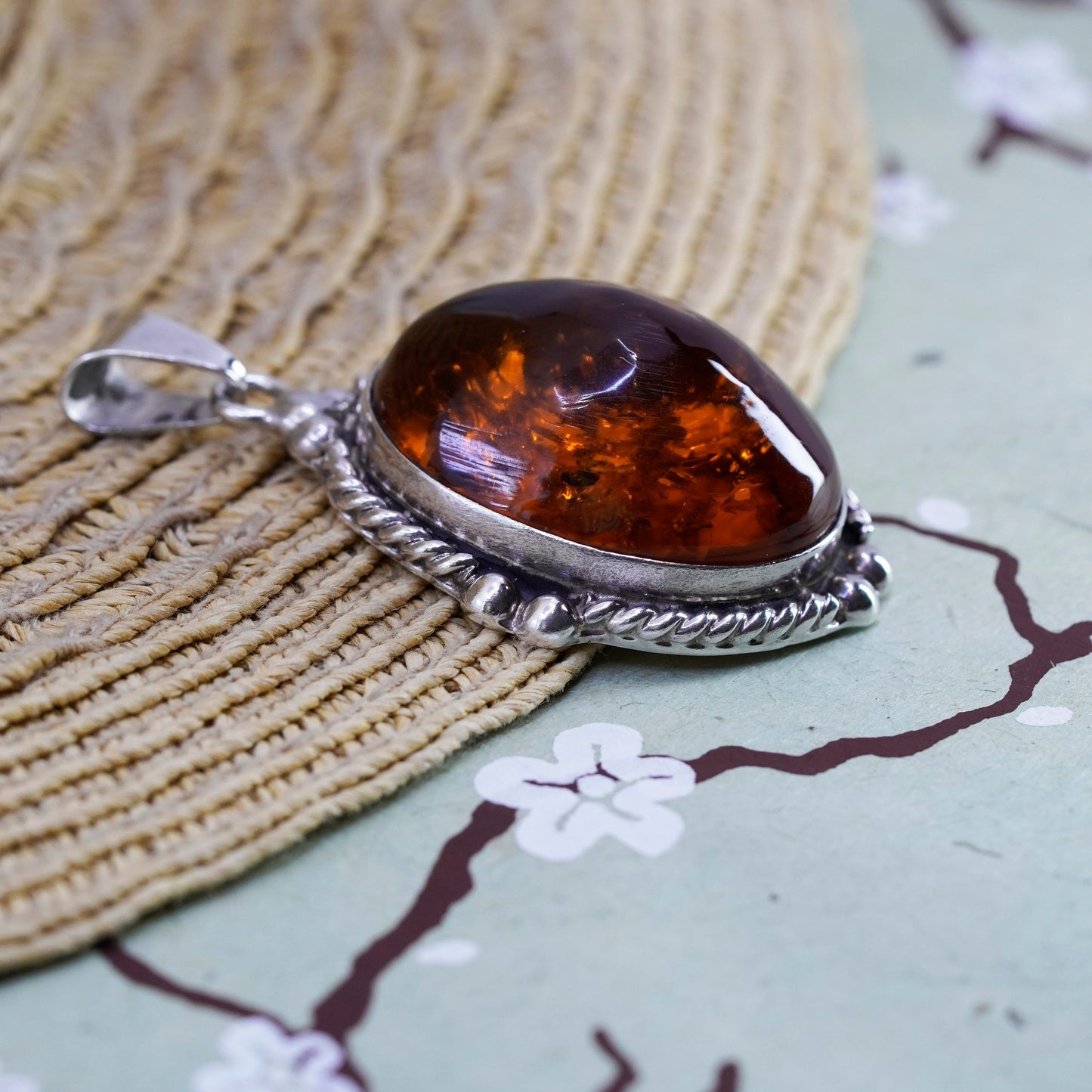 Vintage modern Sterling 925 silver handmade pendant with huge Amber and beads