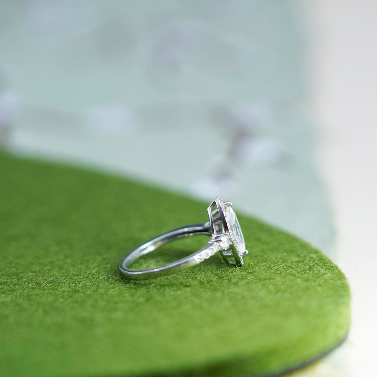 Size 10.5, 925 Sterling silver ring with Marquise cut crystal and CZ cluster