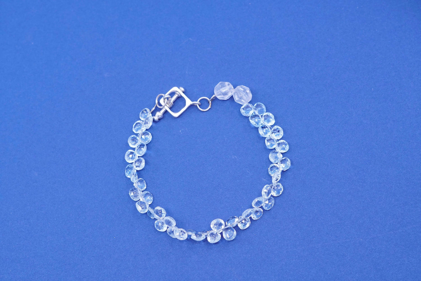 7.5”, sterling silver handmade bracelet, 925 toggle closure blue crystal beads