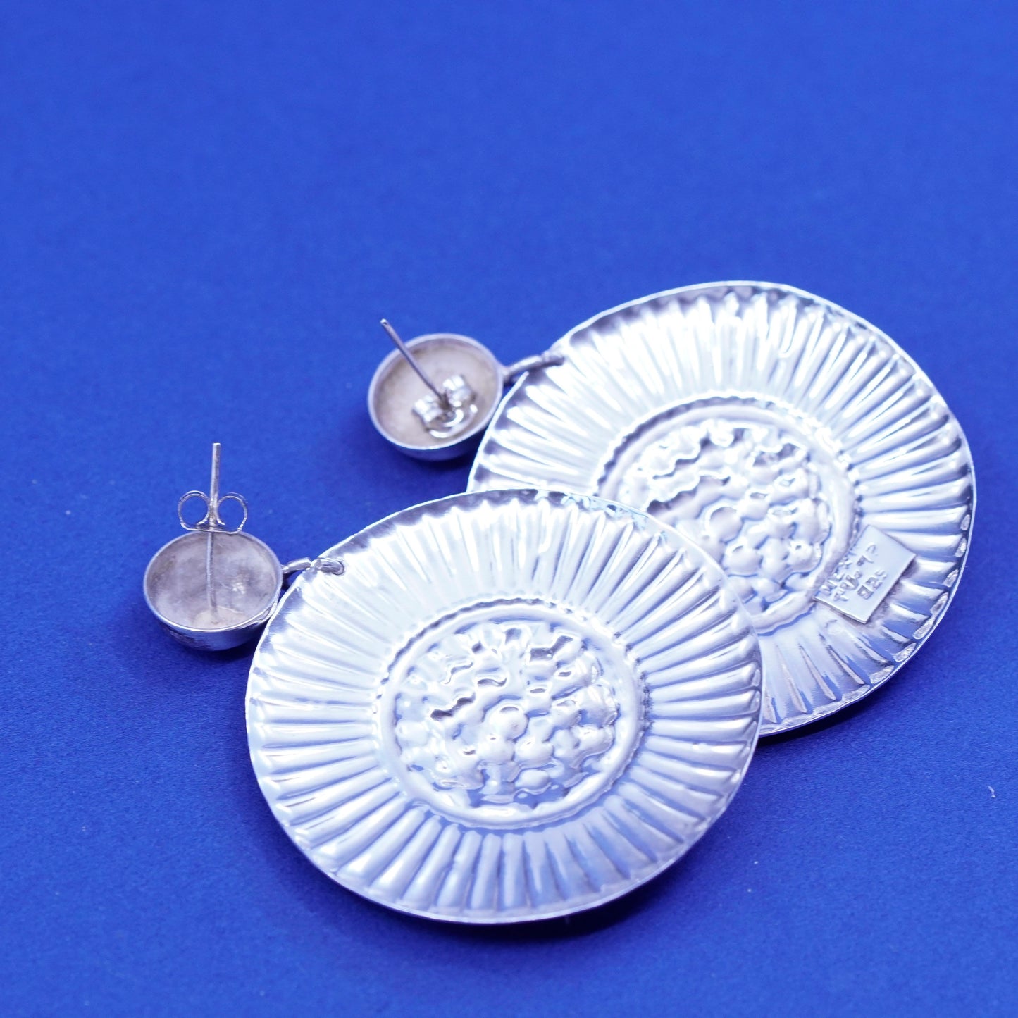 Vintage Sterling Silver handmade Earrings. Huge 925 ribbed circle disc