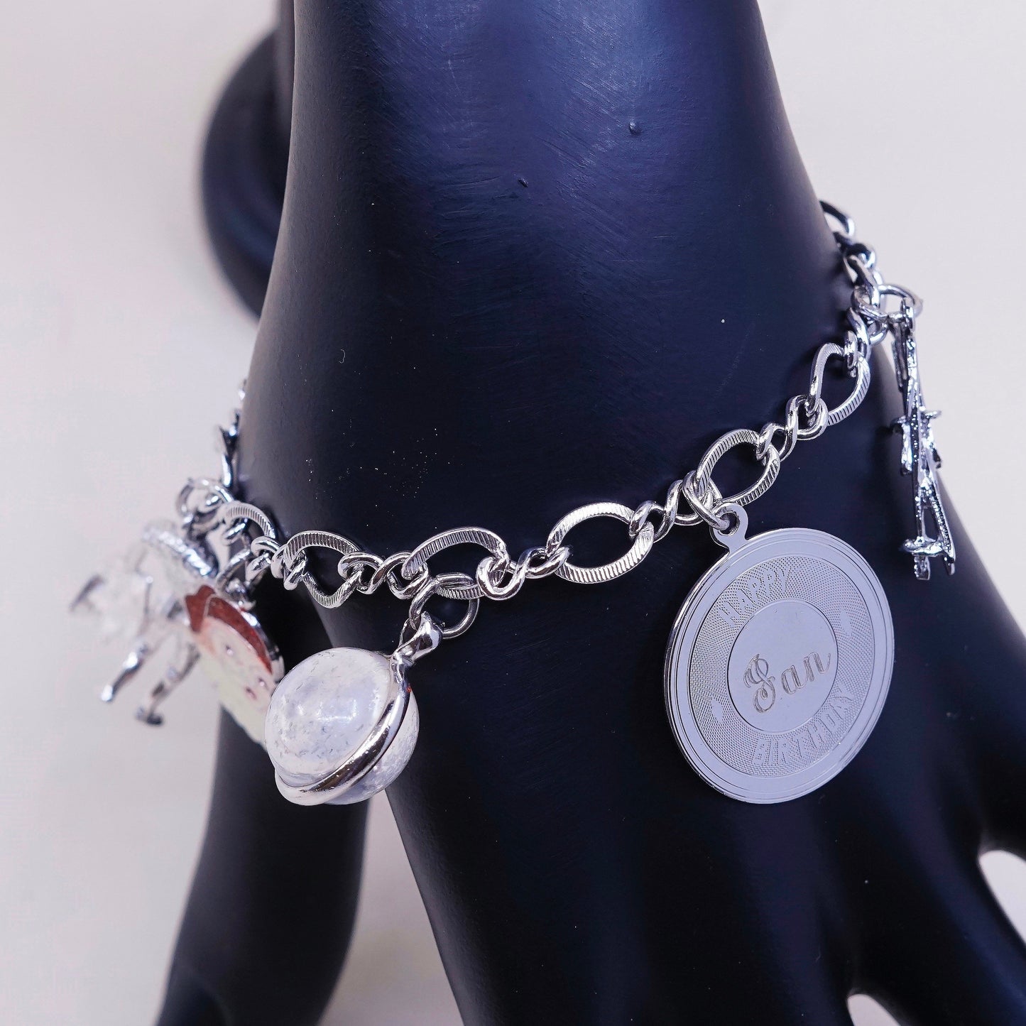 6.75”, vtg sterling 925 silver figaro, handmade bracelet w/ satan, matador, ski
