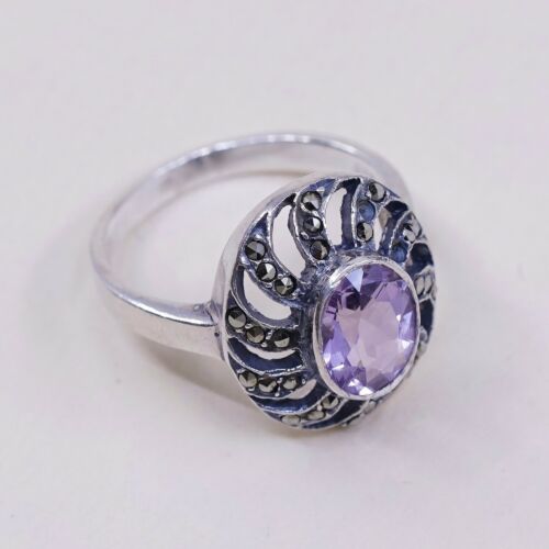 Sz 7.5 Vtg Sterling Silver Handmade Ring, 925 w/ Amethyst n marcasite inlay