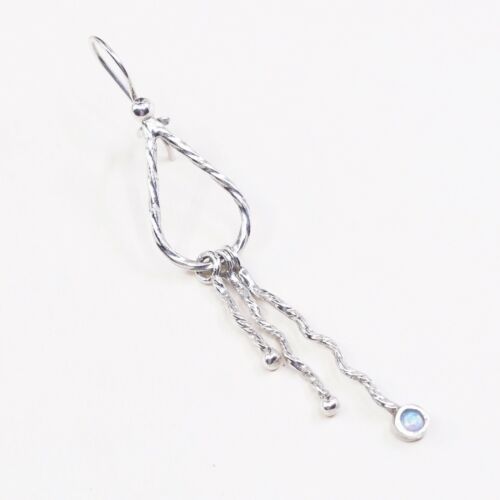 Vtg Sterling Silver Handmade Earrings, 925 Silver Fringe Dangle W/ Opal
