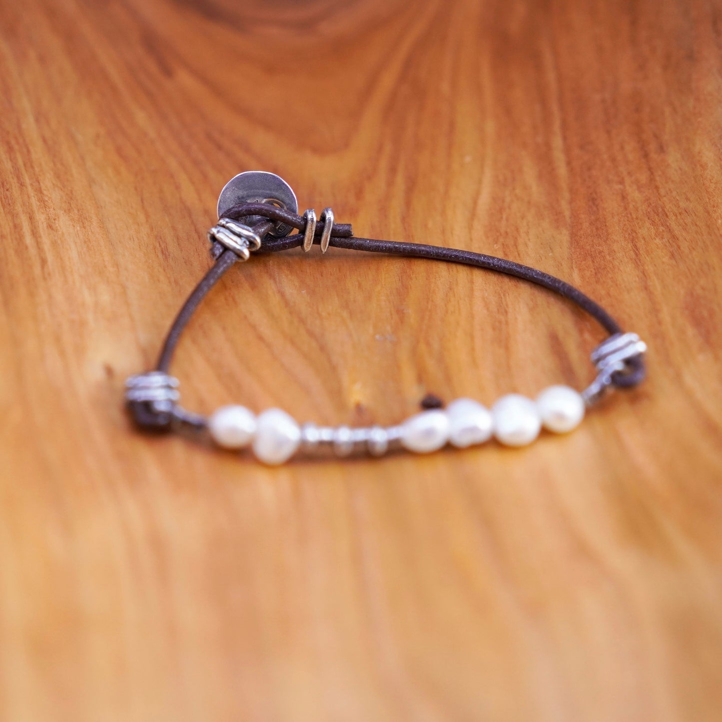 7.25”, retired Silpada Sterling 925 silver Pearl Leather Clasp Bracelet B1062