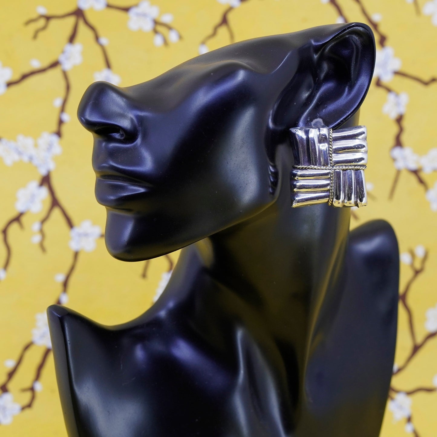 Mexico laton two tone Sterling silver handmade earrings, 925 ribbed clip on