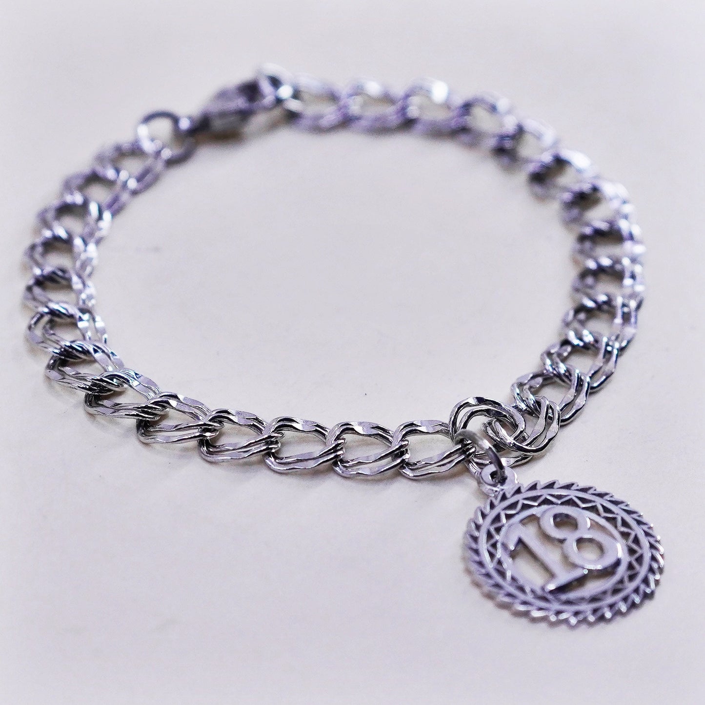 6.75”, 8mm, Vintage sterling silver double curb bracelet, 925 chain w/ 18 charm