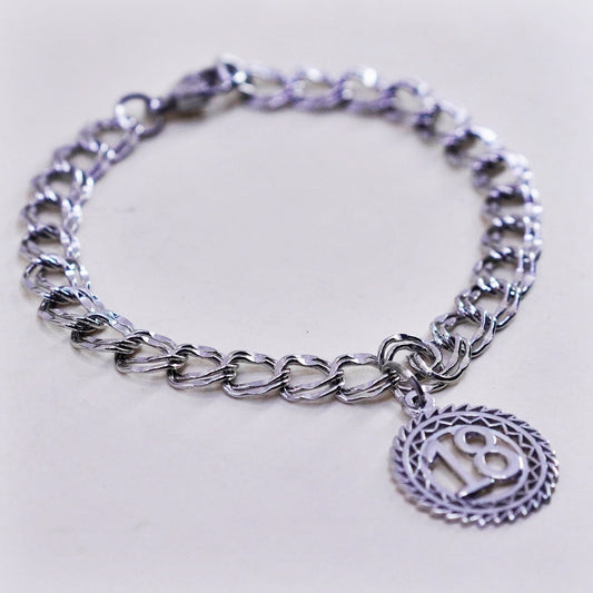 6.75”, 8mm, Vintage sterling silver double curb bracelet, 925 chain w/ 18 charm