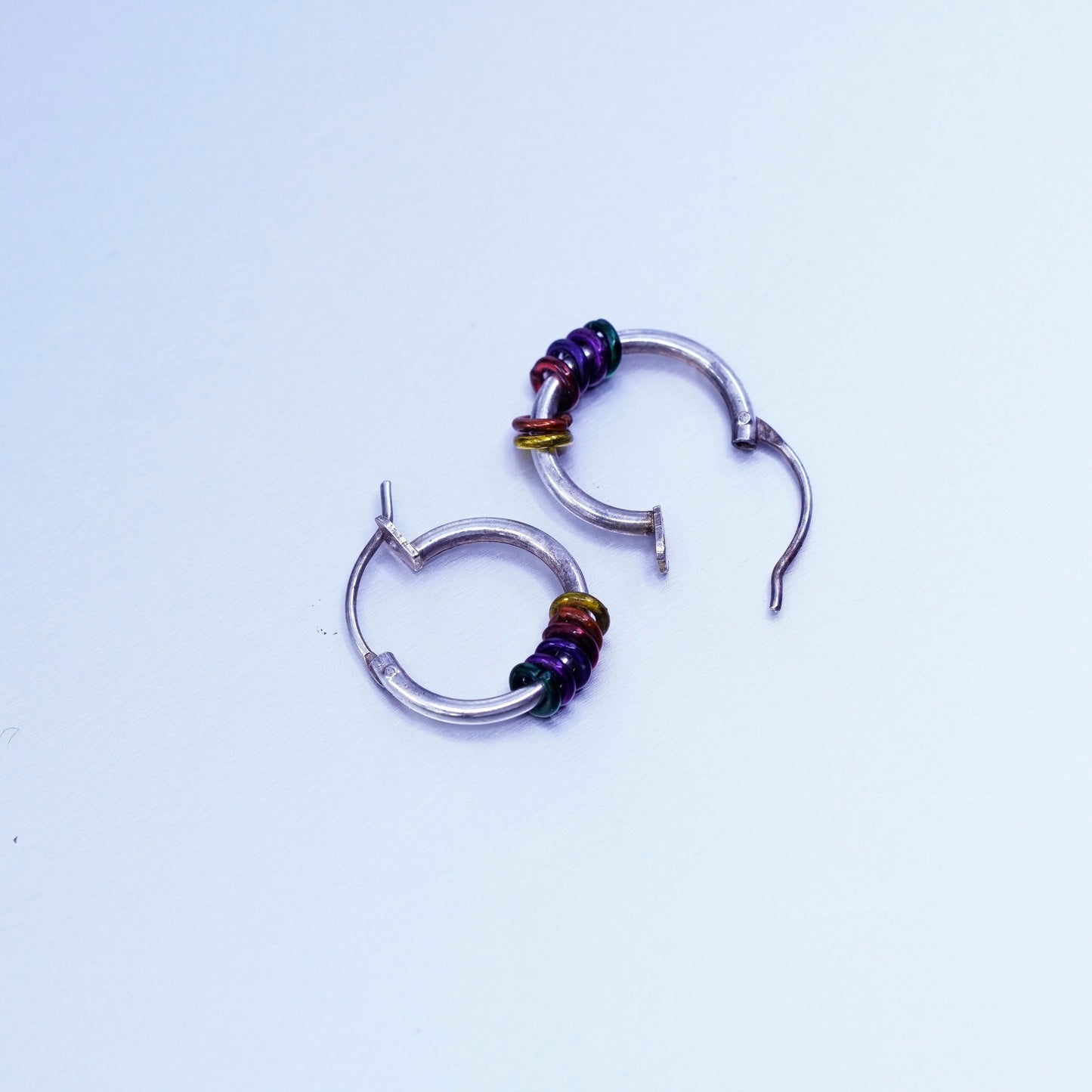 0.5”, Sterling silver handmade earrings, 925 Huggie hoops with colorful rings
