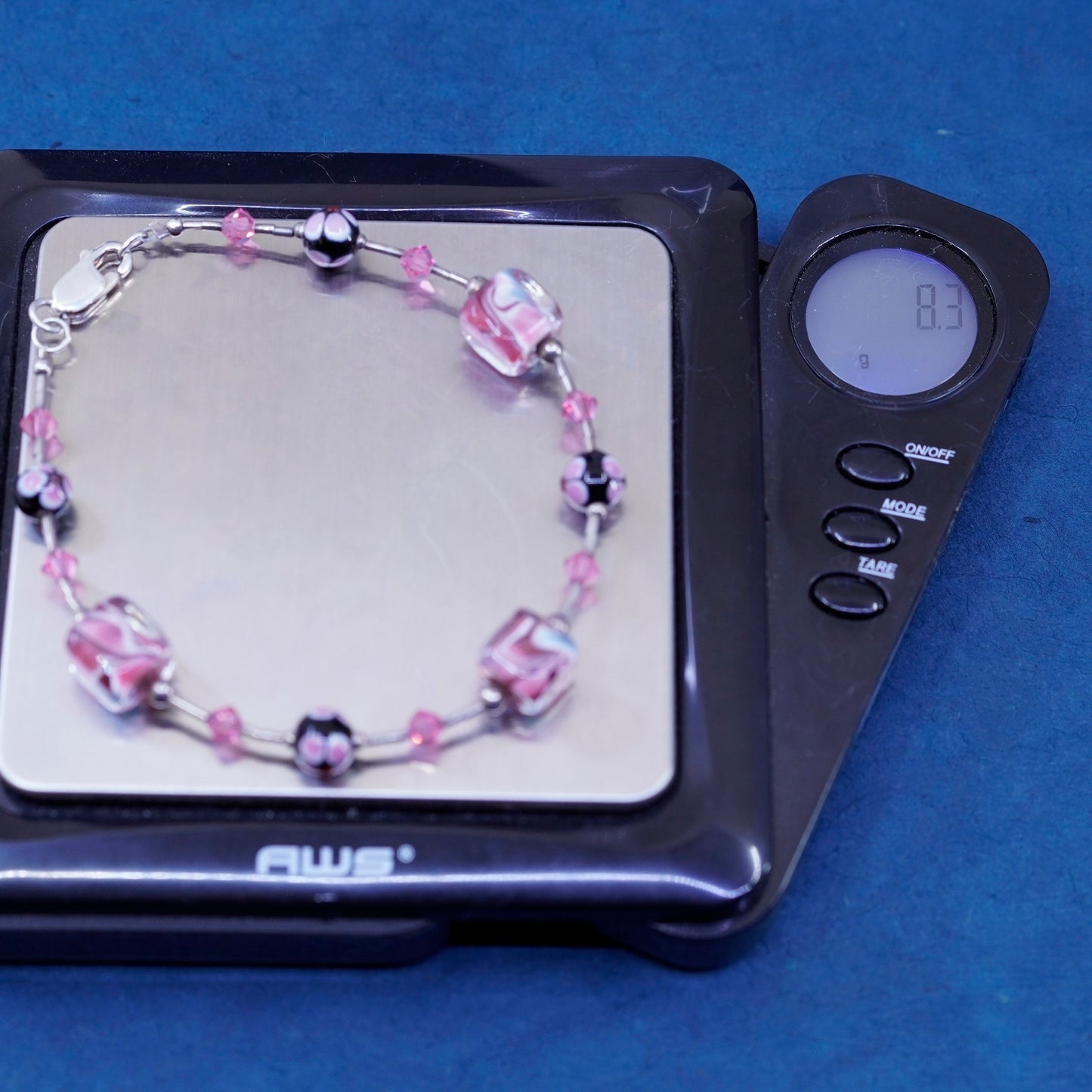 7”, Vintage handmade sterling silver bracelet with crystal and pink glass beads