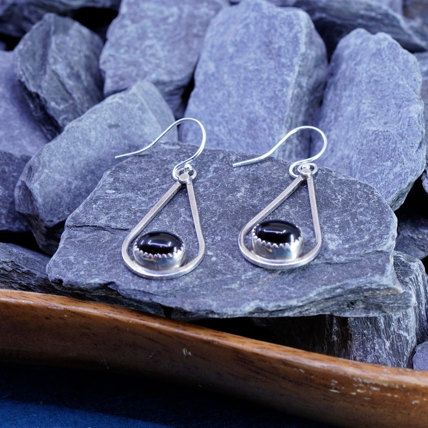 Native American AMB sterling 925 silver handmade teardrop earrings w/ obsidian