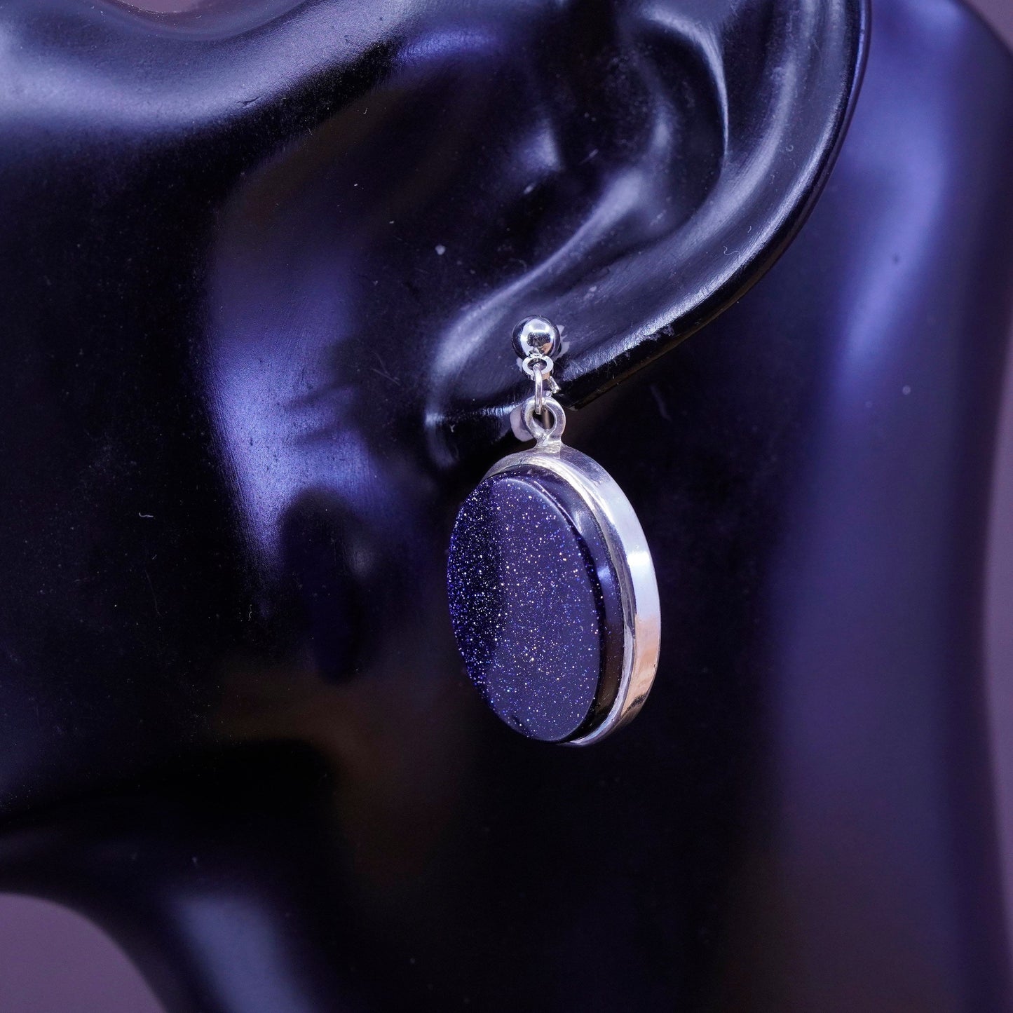 Vintage sterling 925 silver handmade earrings with oval blue goldstone dangle