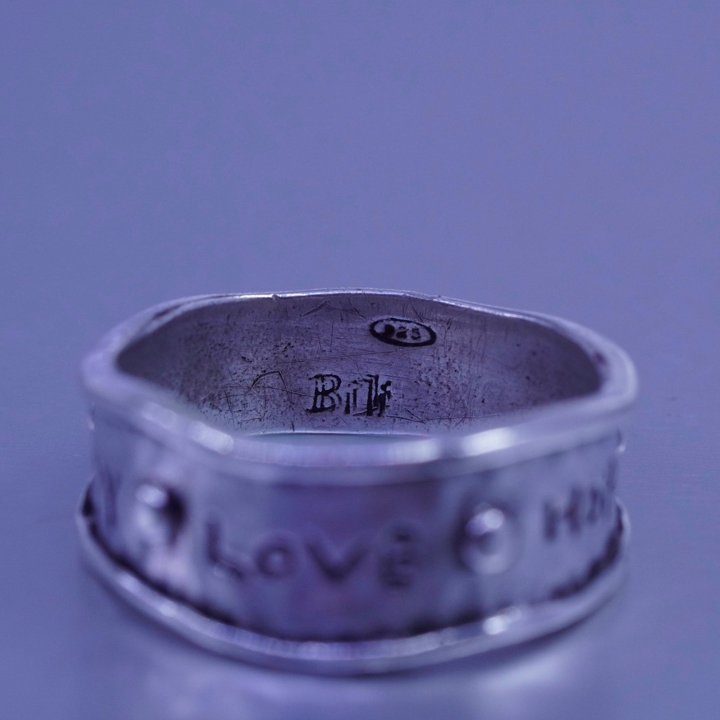 Size 7, southwestern Sterling 925 silver ring, textured band “joy love hope