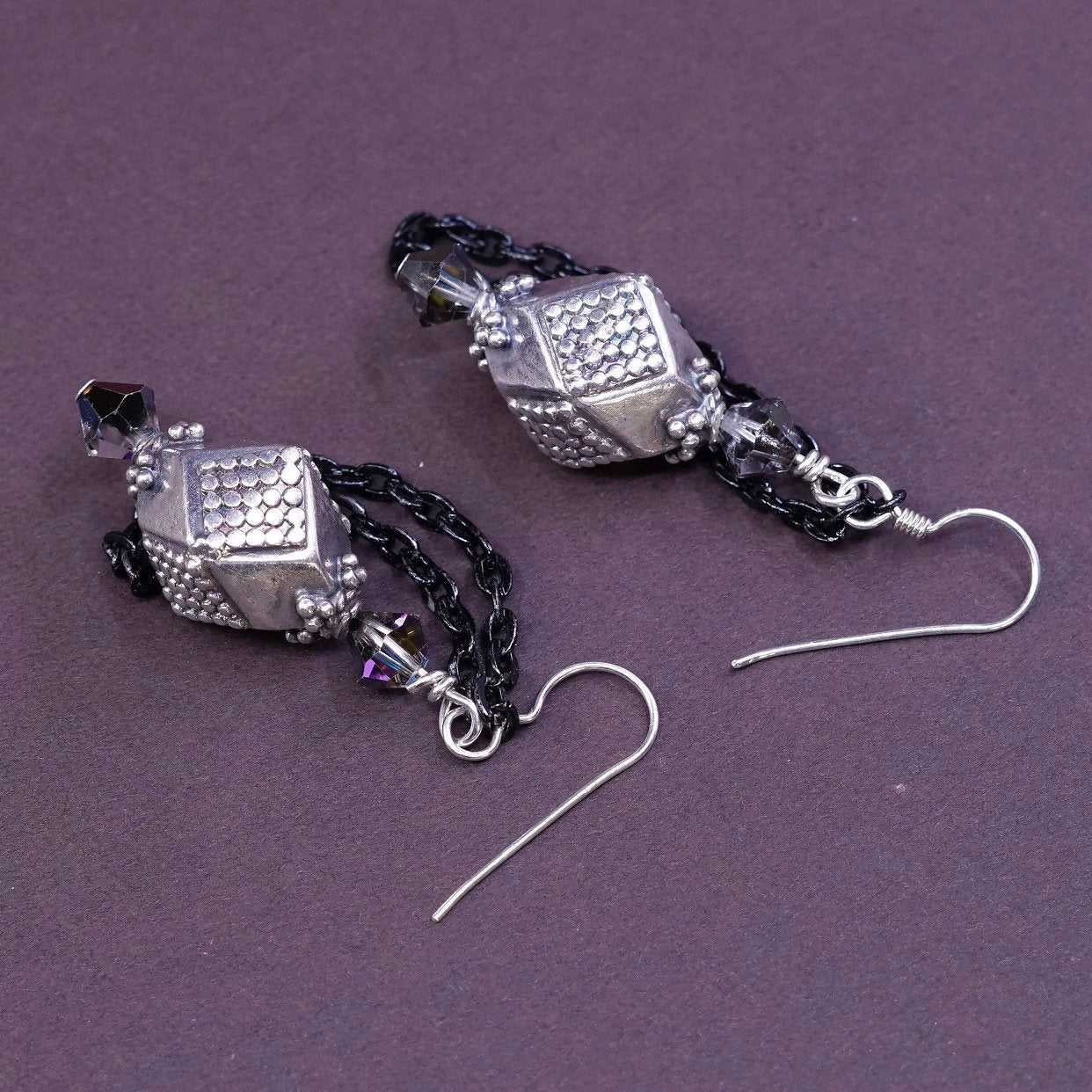 Sterling silver handmade earrings, Mexican 925 beads dangles with black chain