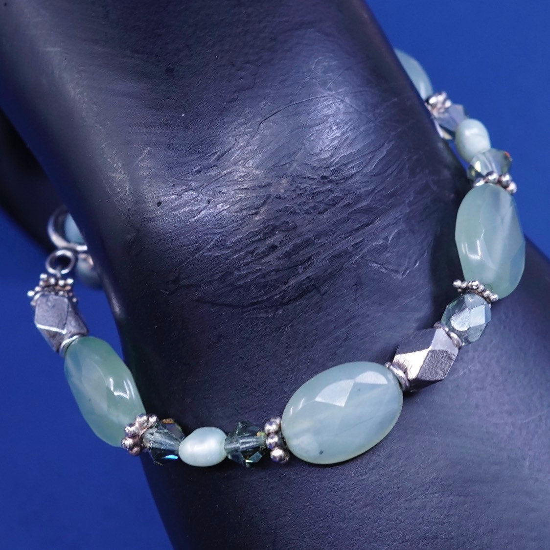 7.25", vtg Sterling silver handmade bracelet, 925 nugget w/ checker cut jade