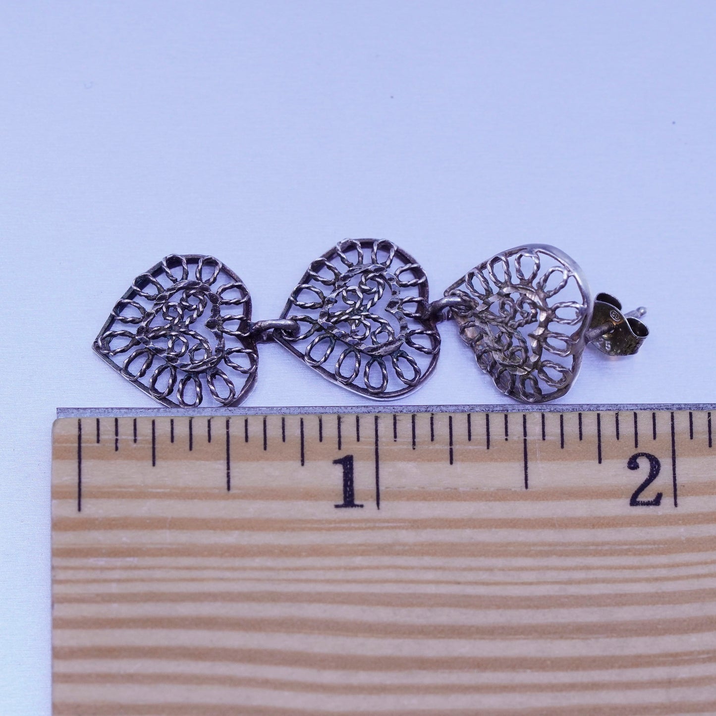 Vintage Sterling 925 silver handmade filigree heart earrings