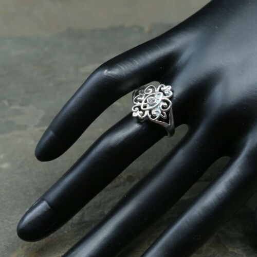 Sz 7, Vtg Sterling Silver Handmade Ring, 925 Filigree Whirl Band W/ Crystal