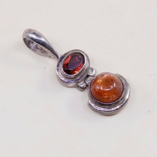 Vtg Handmade Sterling Silver 925 Pendant, Solid 925 Silver W/ Garnet N Ruby