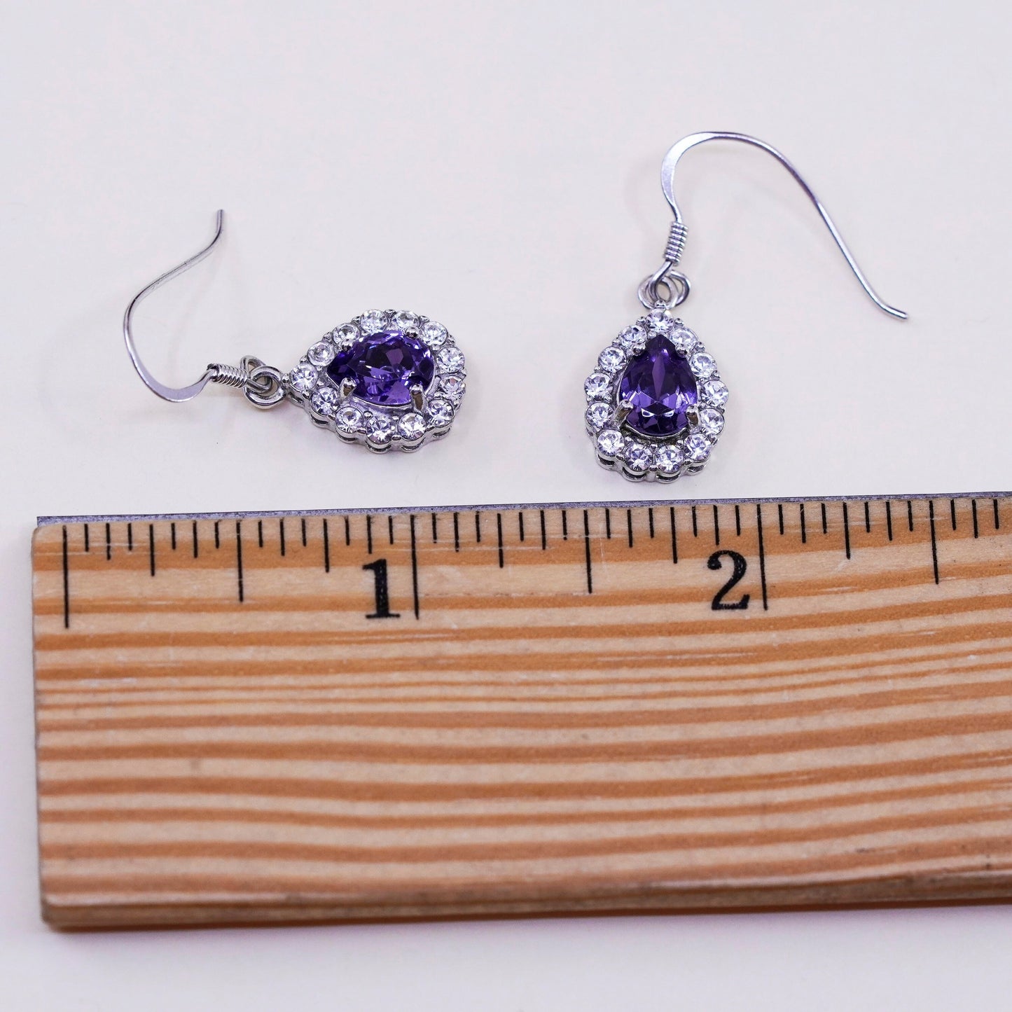 Vintage Sterling 925 silver handmade earrings, teardrop purple Cz dangles