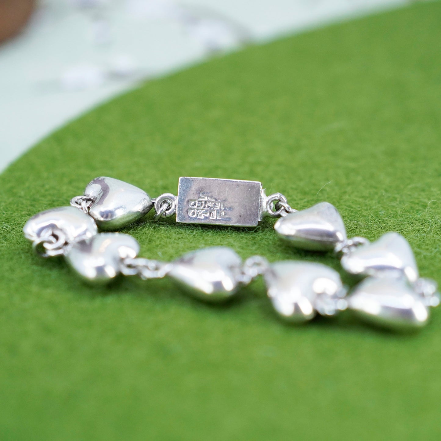 6”, Vintage sterling silver handmade bracelet, 925 heart link chain
