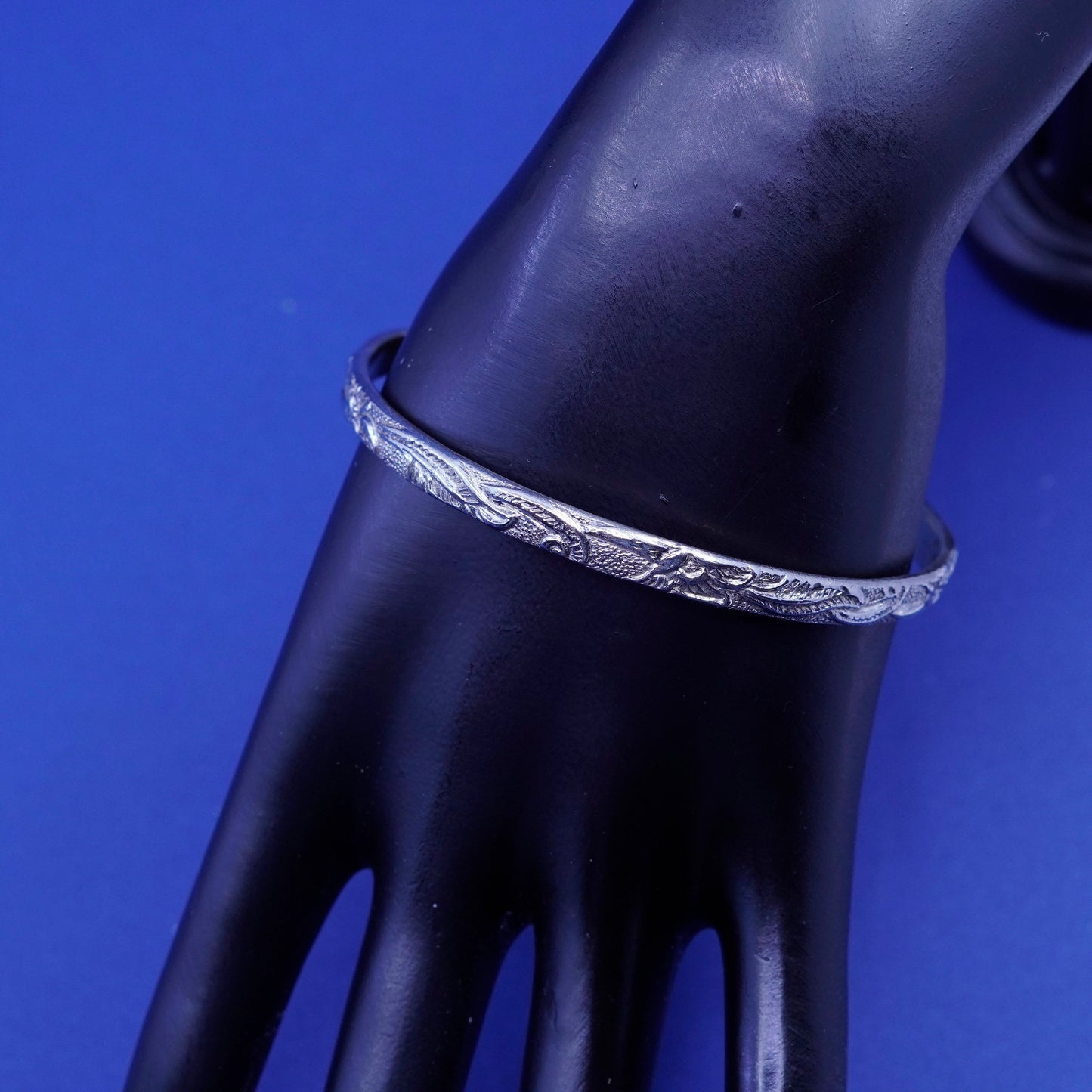 8“, vintage sterling silver handmade bracelet, 925 flower textured bangle