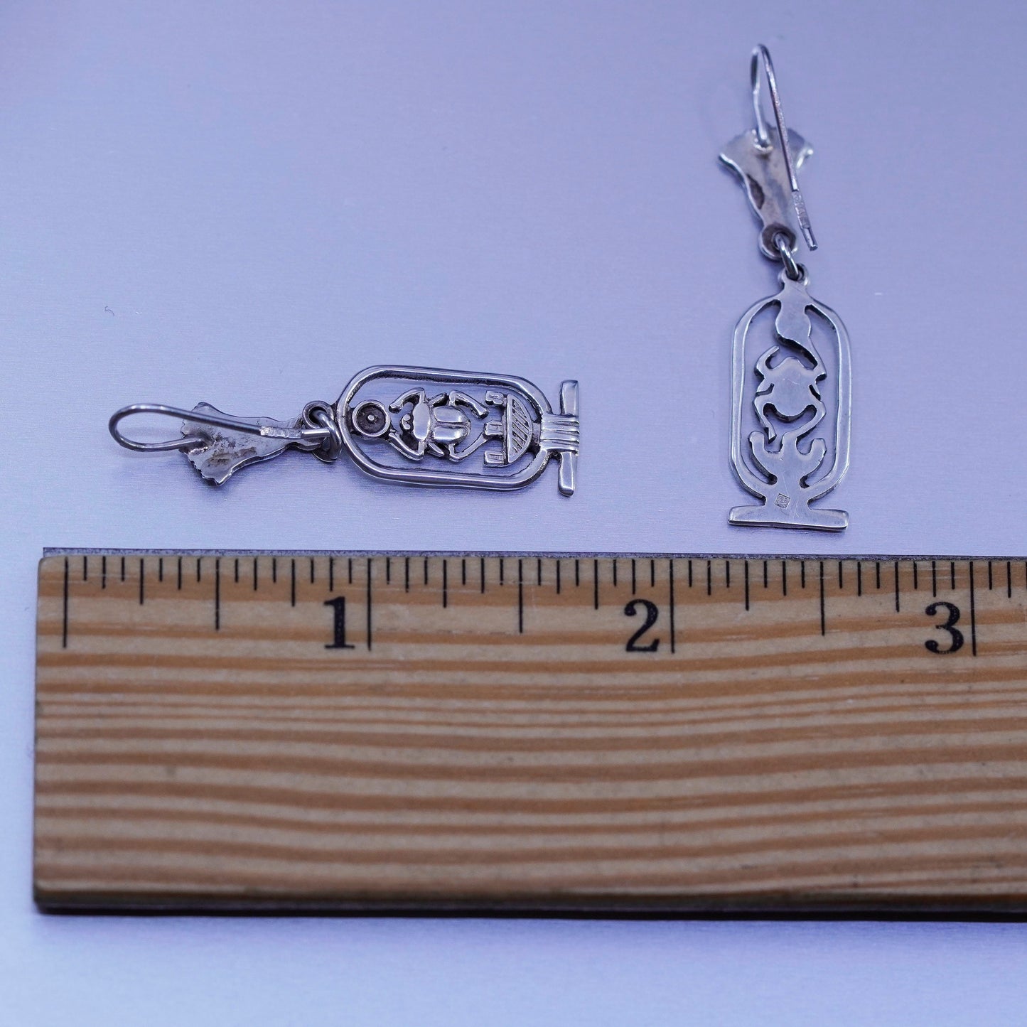 vtg Egyptian Sterling silver handmade earrings, 925 Scarab dung beetle dangles