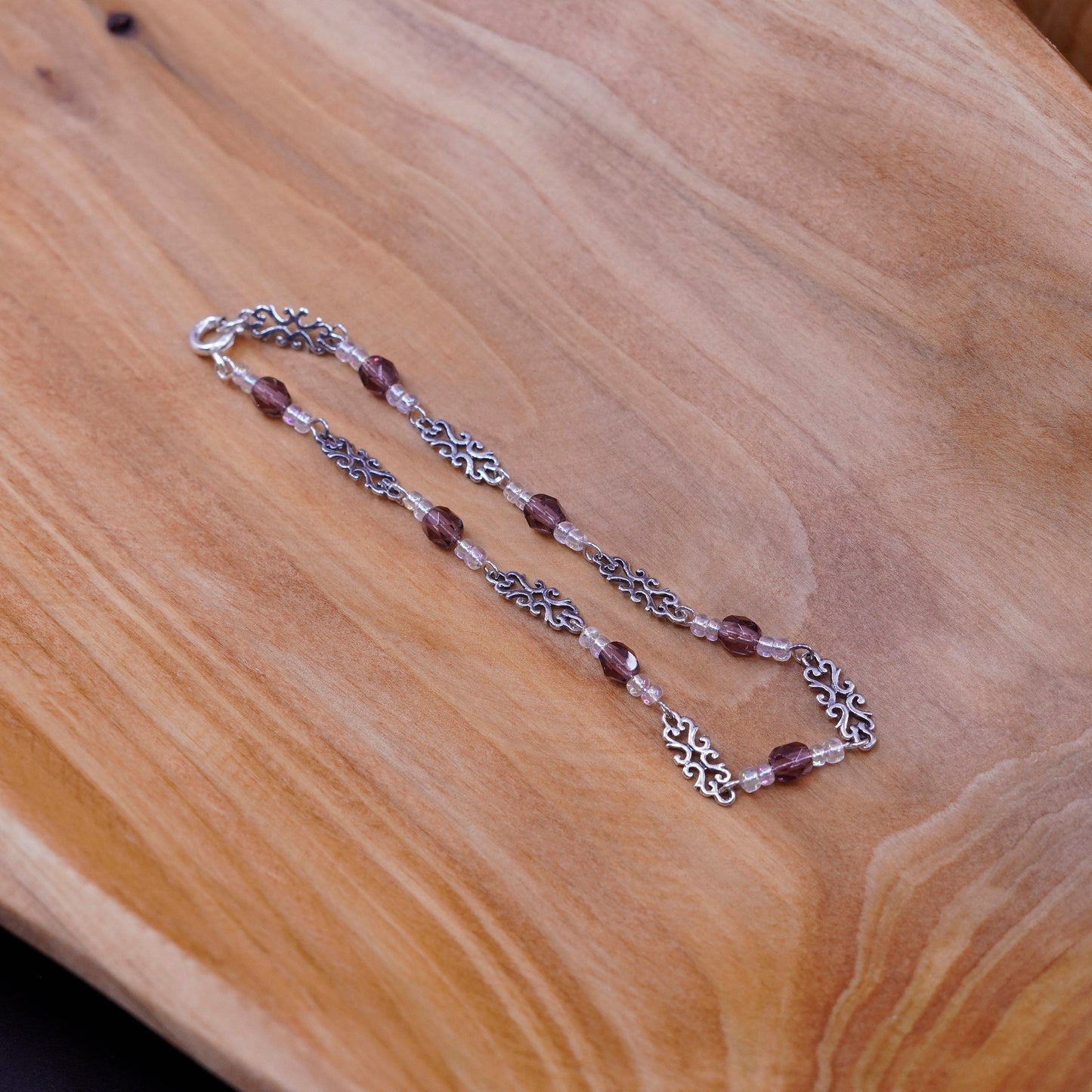 7”, vintage Sterling silver handmade bracelet, 925 chain with crystal beads