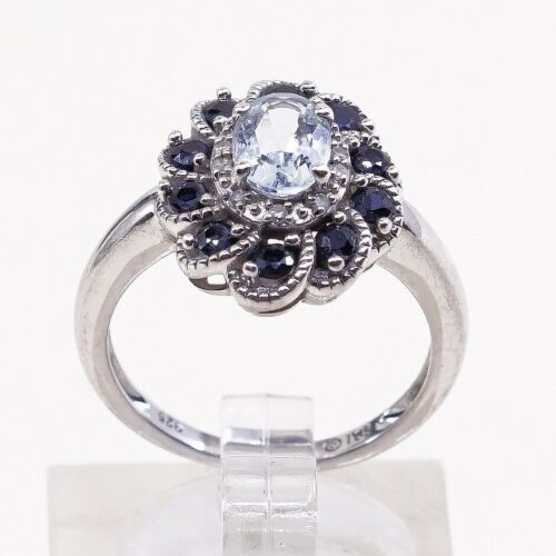 Sz 5.75, Vtg Sai Sterling Silver Ring, 925 Ring W/ blue Topaz N Sapphire Around